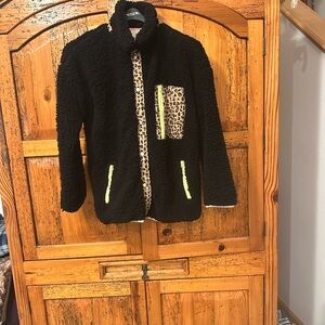 Thread & Supply Women’s Black Fleece Jacket with Leopard and Yellow Accents